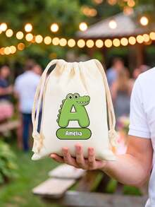 Custom Animal Letter Drawstring Bag, Personalized Name Canvas Storage Bag, Cartoon Letter Cotton Bag, Reusable Cosmetic And Small Accessory Storage Bag, Custom Letter Gift Bag, Portable Daily Storage Bag, Travel And Custom Gift - Multicolor - View 3