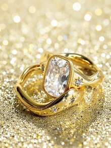 Juego de 2 anillos estilo europeo y americano Starlight Gold Star, anillos vintage con línea retorcida y diamante de corte rectangular, anillos apilables de atmósfera para mujer - Dorado - Ver 3