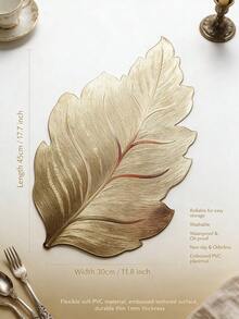 12pcs Gold Rectangular Leaf PVC Placemats, Waterproof & Oil-Proof Western Table Mats, Washable & Odorless Tableware Pads, Non-Slip Table Decor Mats, Suitable For Restaurant, Cafe, Homestay, Holiday, Party, Gathering, Birthday, Wedding, Dinner - Multicolor - View 3