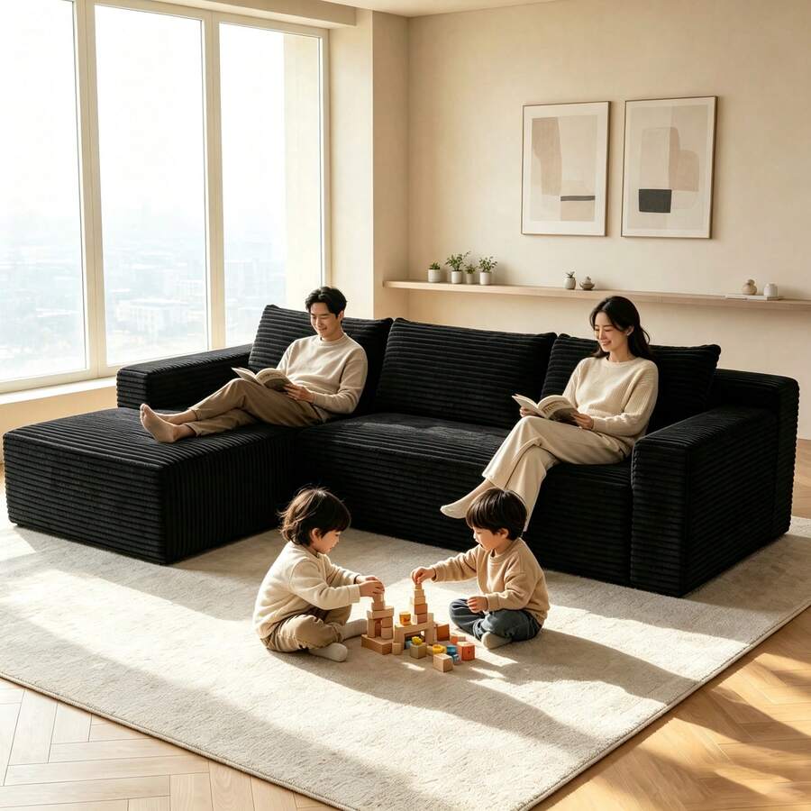 Compression-Boneless 95" L-Shaped Cloud Sectional Sofa With Oversized Chaise, Modular 3-Seater Corduroy Couch For Living Room & Bedroom, Deep Seat No Assembly Required