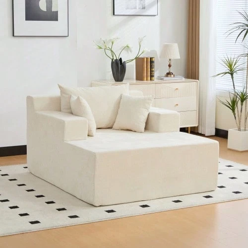 Chenille Fabric Modular Sofa, 30D High-Elasticity Foam Filling. Easy To Move With Non-Slip Base, Ideal For Living Rooms And Other Spaces. Beige - 米色 - 查看 1