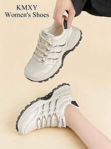 1 Pair Women's Thick Sole Athletic Shoes Lace-Up Patchwork Design Daily Walking Shoes - Black and White - View 5