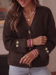 Plus Size Women Solid Color Casual Versatile Daily Wear Cardigan - Coffee Brown - View 4