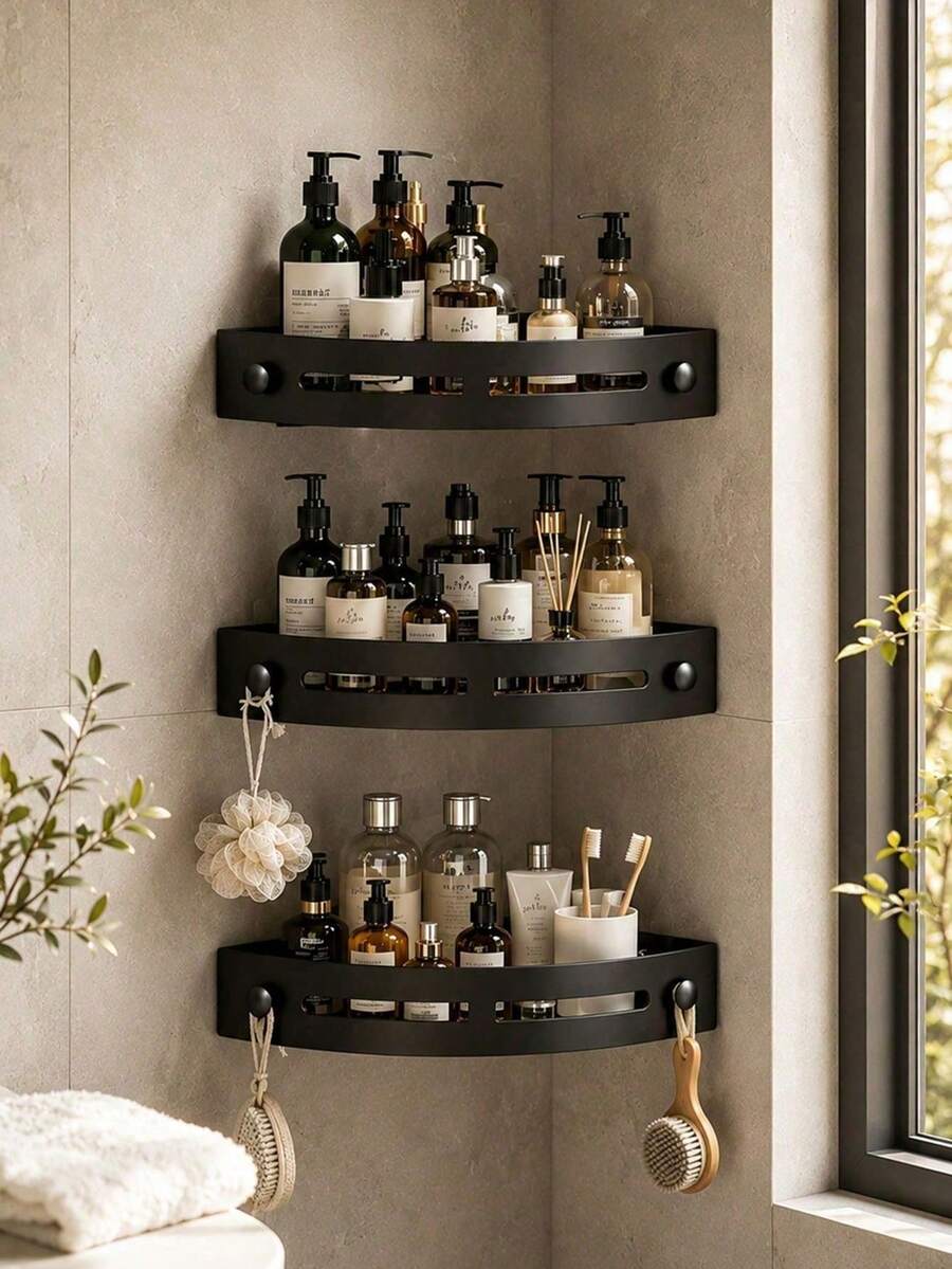 1/2/3pcs No-Drill Triangular Shower Caddy, Black/Grey Wall-Mounted Bathroom Storage Rack, Kitchen Corner Storage Shelf, PP Material, With Drainage Holes, Easy Installation, Suitable For Kitchen, Bathroom, Dining Room