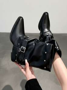 Rivet Buckle Ruched Stacked Western Mid-Calf Boots Plus Size Women's Pointed Toe Fashion Boots - Black - View 4