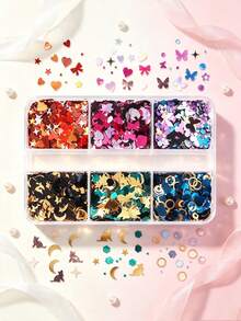 6-Grid Star Moon Cat Nail Glitter, Multi-Color Irregular Shaped Sequins Butterfly Heart Mixed Glitter, DIY Nail Decoration Material - Multicolor - View 4