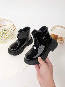 Tween Kid Glossy Bow Ankle Boots Side Zipper Fleece Lined Non Slip Thick Sole Winter Boots For Kids Warm Footwear - Black - View 8
