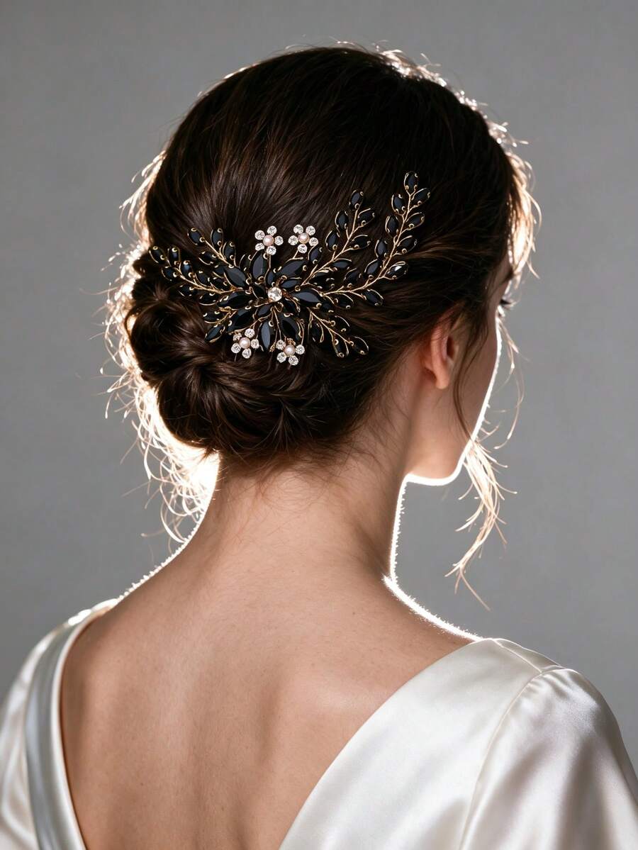 1pc Elegant Crystal Women's Hair Comb, Romantic Bridal Wedding Headpiece, Princess Ball Party Event Hair Accessory Comb - Black - View 1