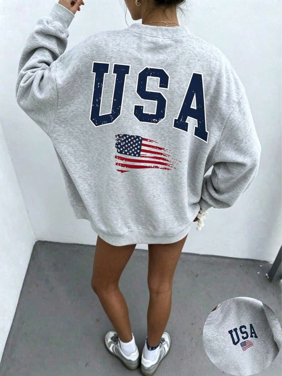 2026 New Arrival Bestseller Women's "USA" & American Flag Print Loose Pullover Sweatshirt, Encountering Lazy Fashion, Women's Graphic Tops Clothes. - 淺灰色2 - 查看 1