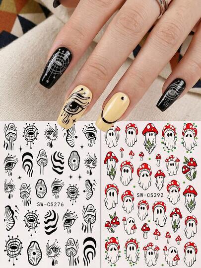 2pcs Black & White Line Art And Cartoon Mushroom Ghost Nail Art Supplies, Creative Eye And Red & White Mushroom Element Decor, Suitable For Halloween Party, Artistic Creative Styling, Bohemian And Fun Daily Style Nail Art