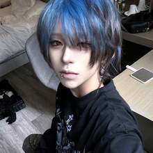 Men Full Wig Black Blue Gradient Wolf Cut Short Hair Root Bleach Blue Cosplay Anime Face Slim Synthetic Fluffy Texture Lightweight Breathable Adjustable Fit Halloween Cosplay Daily Attire Wigs For Cosplay Wigs For Halloween Costume Wigs - [Blue-black Gradient] + Hairline - View 5