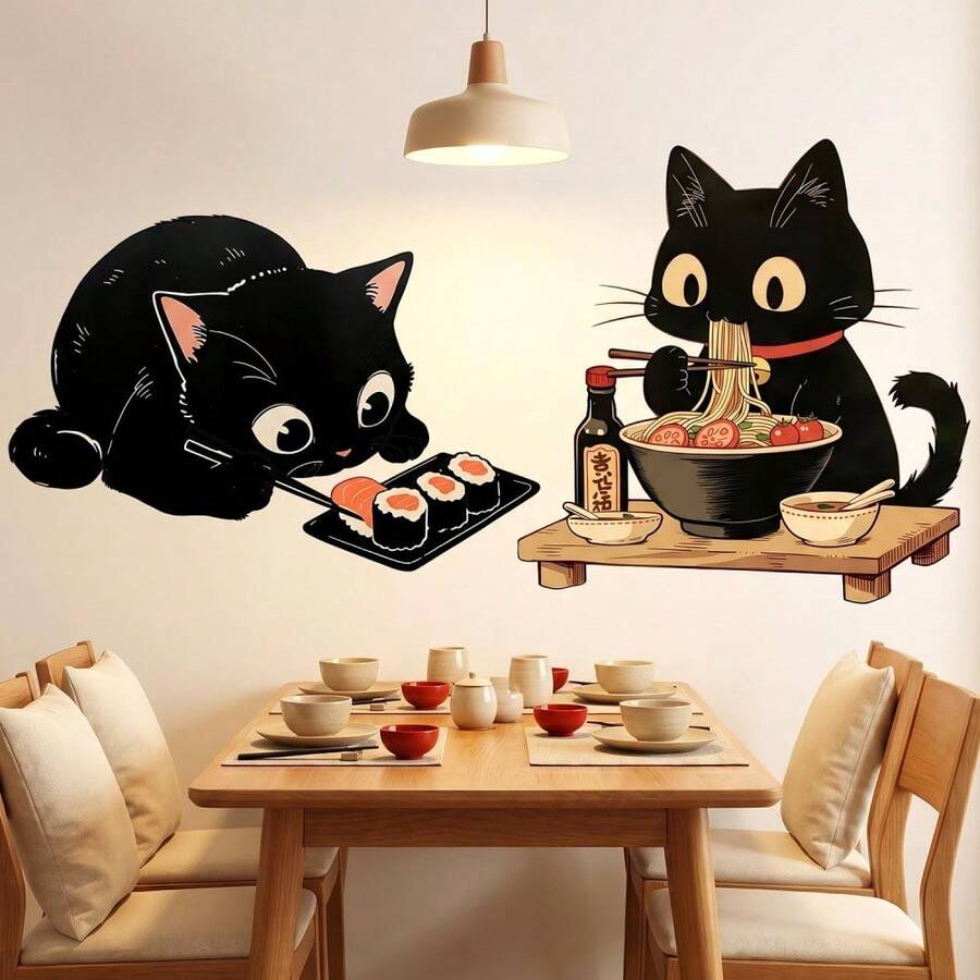 5/2/1pc Japanese Cartoon Black Cat Sushi Ramen Wall Stickers, Colorful Self Adhesive PVC Removable Wall Decals, Kitchen Dining Room Restaurant Cute Aesthetic Home Wall Decor Stickers - Gluttonous Cat - View 1