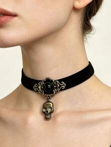 Gothic Skull Pendant Velvet Choker, Vintage Bronze Black Gemstone Neckband, Dark Punk Halloween Women's Neck Accessory - Multicolor - View 1