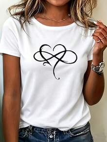 Casual Heart Graphic T-Shirt For Women, Short Sleeve Round Neck, Daily Wear Suitable For Autumn Matching - 白色 - 查看 10