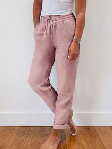 Jisfaneya Solid Pink Slim Fit Pants With Elastic Waistband, Drawstring Pockets And Textured Fabric, Casual Versatile Spring/Summer Trousers - Pink - View 1
