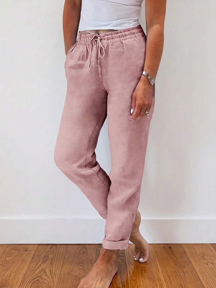 Jisfaneya Solid Pink Slim Fit Pants With Elastic Waistband, Drawstring Pockets And Textured Fabric, Casual Versatile Spring/Summer Trousers - Pink - View 1