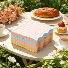 20pcs Macaron Color Wavy Edge Plaid Napkins, Suitable For Birthday Party, Bachelorette Party, Bridal Shower, Cute Theme Party, Wedding Dessert Table, Small Garden Party - Multicolor - View 8