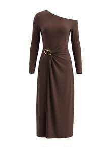 Yepolly-Pop Women's Elegant Brown Long Sleeve Dress, One Shoulder Ruched Gold Button Fitted Dress, Suitable For Wedding Guest, Cocktail Party, Back To School - Brown - View 6