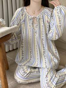 2pcs/Set Women's Pajamas Spring/Autumn Long Sleeve Long Pants Skin-Friendly Home Wear Floral Print Pullover Set - Multicolor - View 7