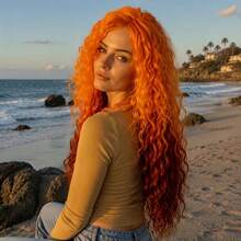 28 Inch Orange Gradient Curly Wig - Halloween Costume Wig, Women's Long Wavy Synthetic Fiber Wavy Wig, Suitable For Cosplay Witch Party, Heat Resistant Material - Ombre - View 3