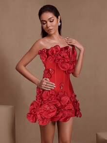 Elegant Sexy Rhinestone 3D Floral Decor Strapless Evening Gown For Date Party Formal Dinner Red Wedding Fall - Red - View 3