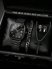 4-Piece Fashion Business Casual Men's Watch Set, Large Square Dial Steel Band Quartz Watch, Paired With Personalized Chain Bracelet, Cross Pendant Necklace And Ring. Complete Accessory Set, Perfect Gift For Holidays, Business Occasions, Parties And Daily Wear - Black - View 6