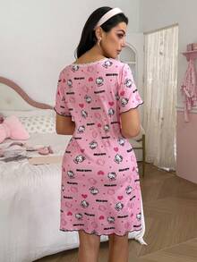 Noctvar OBM Sleepwear X Hello Kitty New Summer Hello Kitty Short-Sleeved Dress Featuring Lace Trim At The Neckline, Wavy Ruffled Hem And Cuffs, And Soft, Breathable Fabric. - Pink - View 8