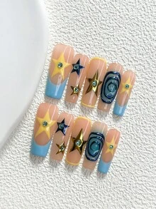 10片裝 Y2K 夢幻風手工穿戴甲，Polygel 美甲套組，水鑽星星手繪圖案，黃色與藍色配色，甜酷風格，附美甲工具，3種尺寸可選，杏仁/鴨嘴/棺材形，適合派對、跳舞、日常配戴 - 彩色 - 查看 19