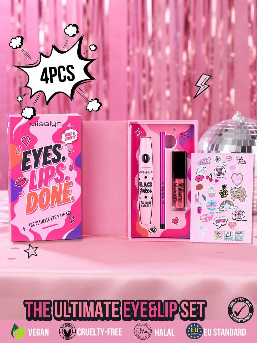 MISSLYN 4-Piece Eyes Lips Done Set, 3-Step Daily Exquisite Makeup Kit, Instant Volumizing & Lengthening Washable Mascara, Rich Black Cream Eyeliner, Silky Texture Lipstick, All-Day Wear, Suitable For Atmospheric Party Makeup,Back-To-School Gift - #01+#01+#56 - View 1
