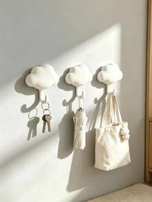 Ins Cream Style 3D Cloud No-Drill Wall Hook, Traceless Adhesive Wall Hanging Hook, Creative White Cloud Design Entryway Key & Bag Storage Rack, Bathroom Towel Wall Mount Decorative Adhesive Hook - View 2