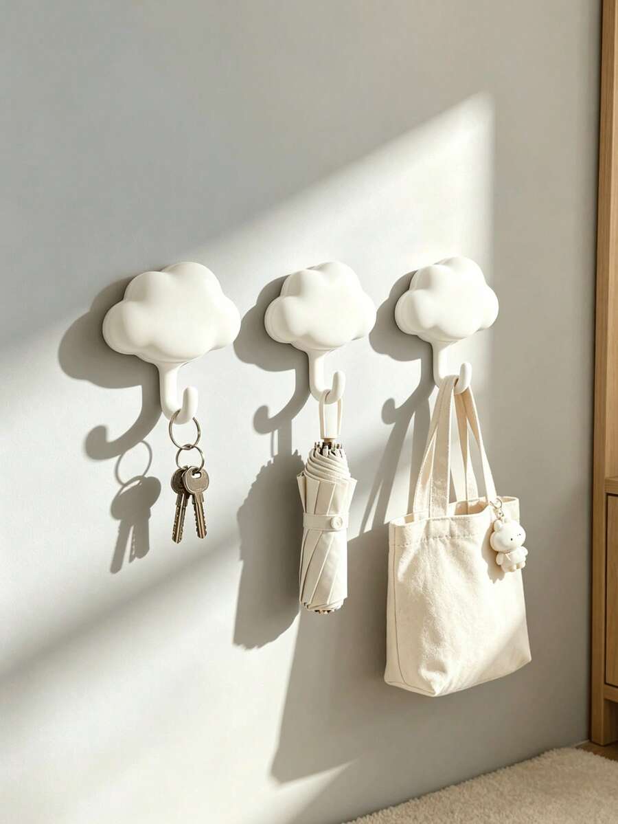 Ins Cream Style 3D Cloud No-Drill Wall Hook, Traceless Adhesive Wall Hanging Hook, Creative White Cloud Design Entryway Key & Bag Storage Rack, Bathroom Towel Wall Mount Decorative Adhesive Hook