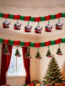 1 Set Christmas Hanging Bunting, Holiday Scene Decoration, Paper Garland Hanging Decor, Christmas Paper Garland Party Window Christmas Tree Santa Claus Honeycomb Paper Garland Hanging Decor Background Wall Decoration - Multi-color - View 9