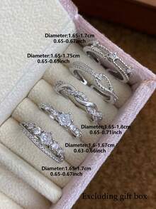 5pcs Fashion Minimalist Cubic Zirconia Multi-Element Open Ring Set Suitable For Women's Daily Wear And Gatherings (Gift Box Not Included) - Silver - View 8