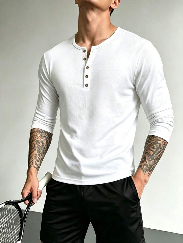 ZYNTH BALENO Kaos Pria Lengan Panjang Kerah Henley Slim Fit Kancing Depan, Cocok untuk Kebugaran, Olahraga, Lari, Mendaki