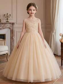 Tween Girl Champagne Color Flower Girl Dress With Open Back For Wedding - Champagne - View 4