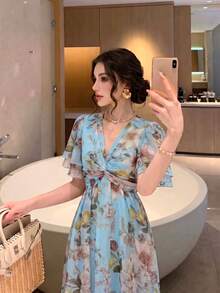 女款新款優雅浪漫花卉修身喇叭裙 夏季 - 淺藍色 - 查看 1