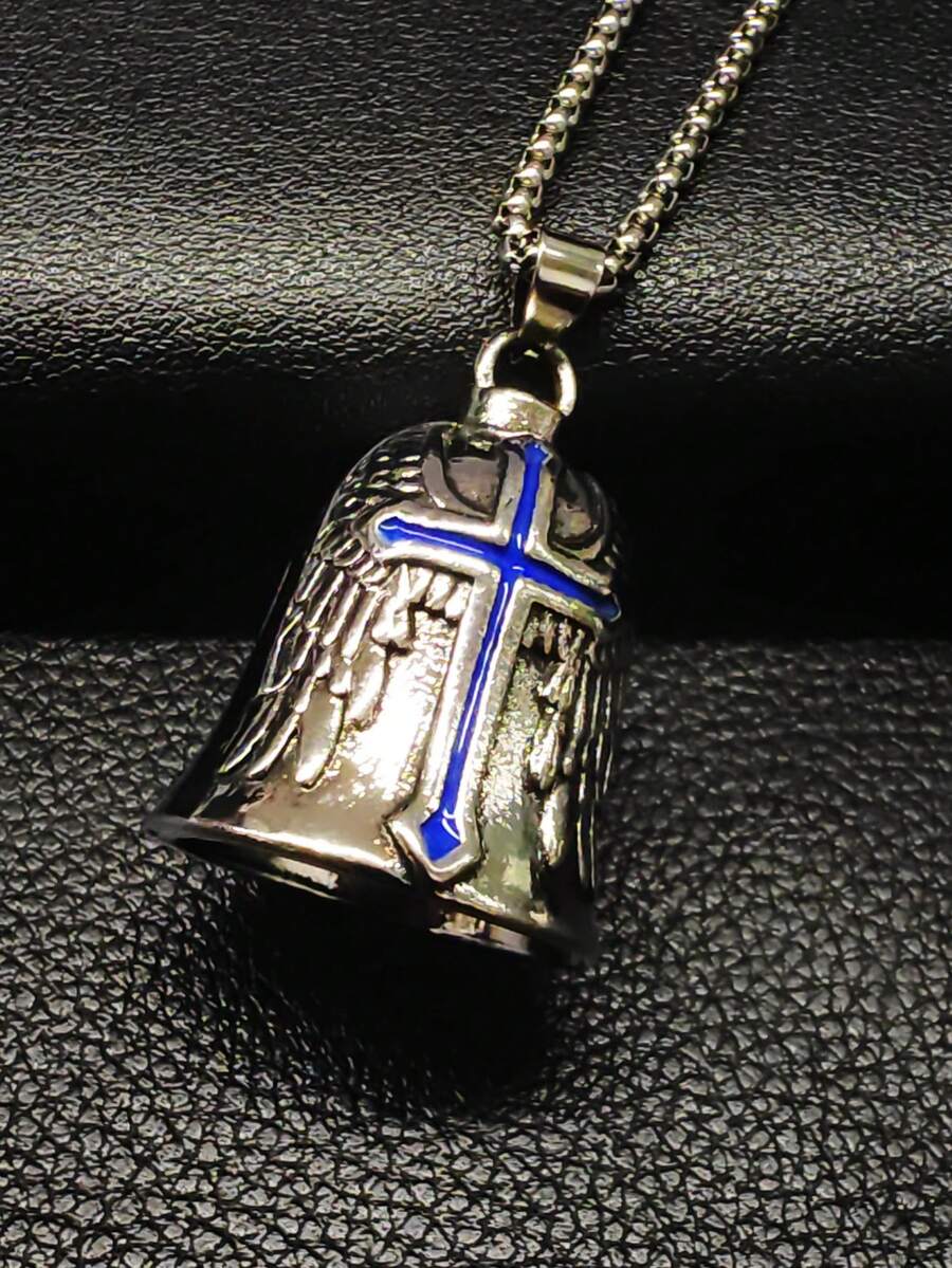 AD Angel Stainless Steel Exorcism Bell, Vintage Punk Riding Decoration Bell, Light Gray Universal Modification Accessory, Suitable For Motorcycles, Bicycles, Blue Cross - Blue Rubber Cross - View 1
