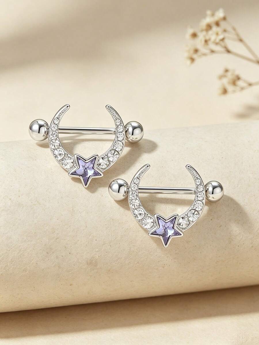 2pcs Fashion Sexy Star & Moon Nipple Rings For Women, Body Piercing Jewelry Accessories Suitable For Intimate Romance, Valentine's Day Romantic Gift, Bar Party, Summer Outfit And Other Occasions - Star - View 1