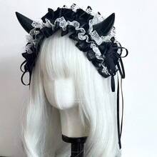 1pc Dark Style Demon Horn Lace Headband With Ruched Trim And Flowing Satin Ribbon, Exquisite Design With Strong Atmosphere, Suitable For Lolita Outfit, Halloween Costume, Cosplay Photography, Creating Unique Niche Style - Multicolor - View 7
