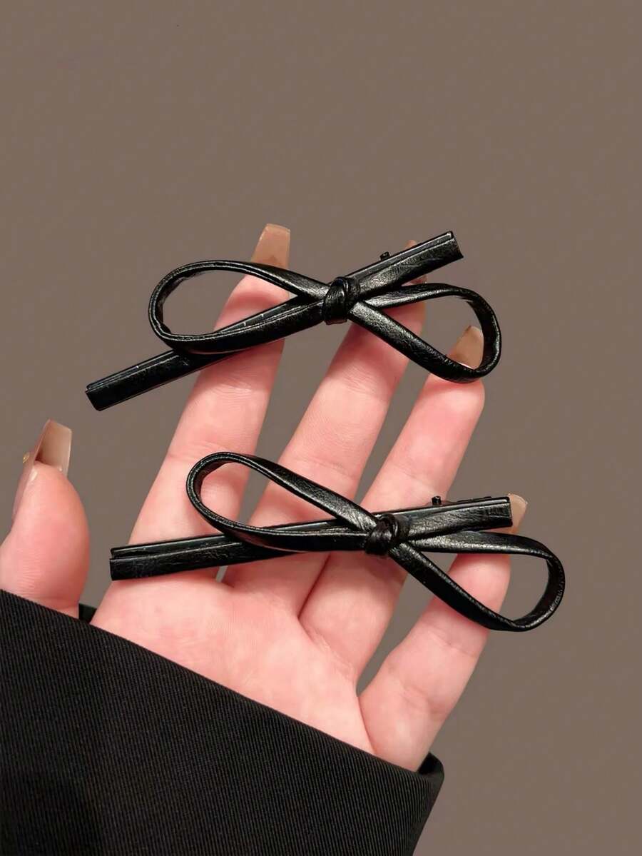 2pcs Black Leather Small Bow Alligator Hair Clips, Minimalist Korean Style Side Bangs Hair Clips, Versatile Commuter Hair Accessory - Black - View 1