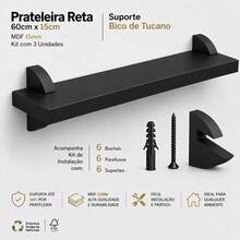 Kit 2 Prateleiras Pretas 60cm MDF Para Sala Quarto Cozinha Com Suporte Incluso - Preto - Visão 3