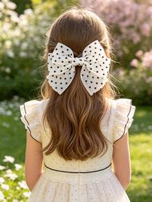 1pc Large Polka Dot Bow Hair Clip, Black And White With Black Trim, Elegant Girl Hair Accessory, Suitable For Party And Daily Styling, Spring/Summer Style - Black and White - View 2