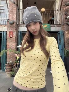 Atasan Lengan Panjang Wanita Motif Polkadot Kasual Serbaguna untuk Sehari-hari, Warna Kuning - Kuning - View 1