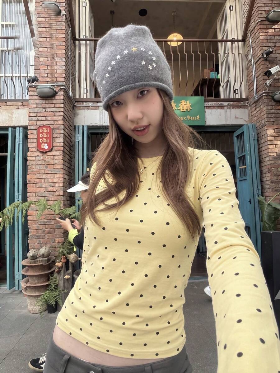 Atasan Lengan Panjang Wanita Motif Polkadot Kasual Serbaguna untuk Sehari-hari, Warna Kuning - Kuning - View 1