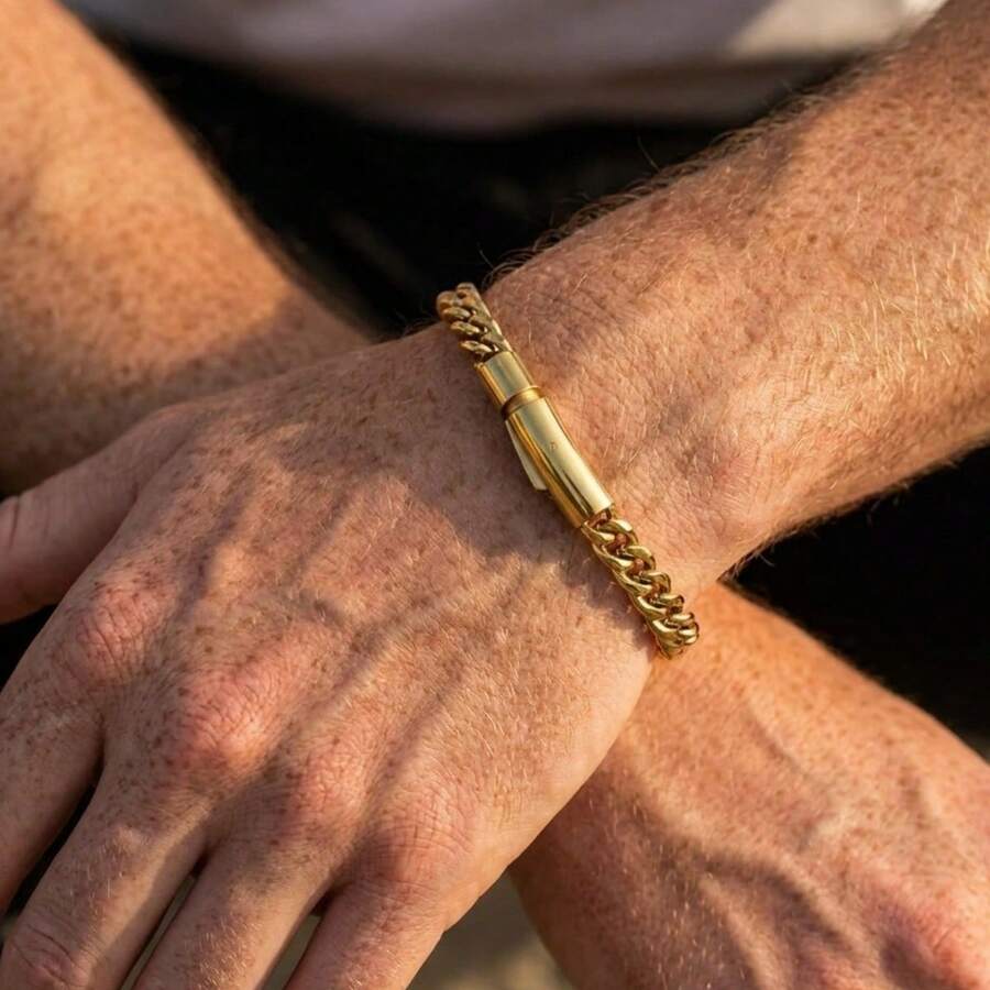 1pc 18K Gold Plated Stainless Steel Punk Style Chain Bracelet, Fashion Accessory Gift For Men - Yellow Gold - View 1