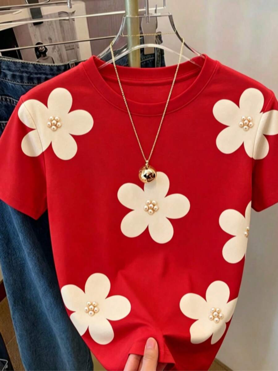Camiseta casual de mujer con estampado floral todo sobre, patrón de flores lindo estilo Y2K, moda callejera, vuelta al colegio, camiseta floral de ocio-Vintage Street Style Unisexoose Cotton - Rojo - Ver 1