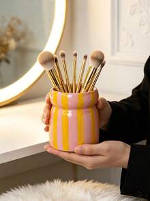 Soporte de brochas de maquillaje de cerámica lindo, organizador de brochas de cosméticos con rayas de colores para tocador, taza de almacenamiento de belleza estética, contenedor de herramientas de maquillaje estilo coreano, decoración moderna del hogar para dormitorio, baño y tocador - Multicolor - Ver 12