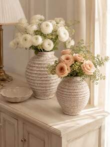 Large Rustic Style Vase, Single Piece Distressed White Resin Vase, Vintage Textured Finish, Tulip, Peony And Greenery Decorative Centerpiece, Suitable For Living Room, Dining Room And Entryway Decor - New - View 1