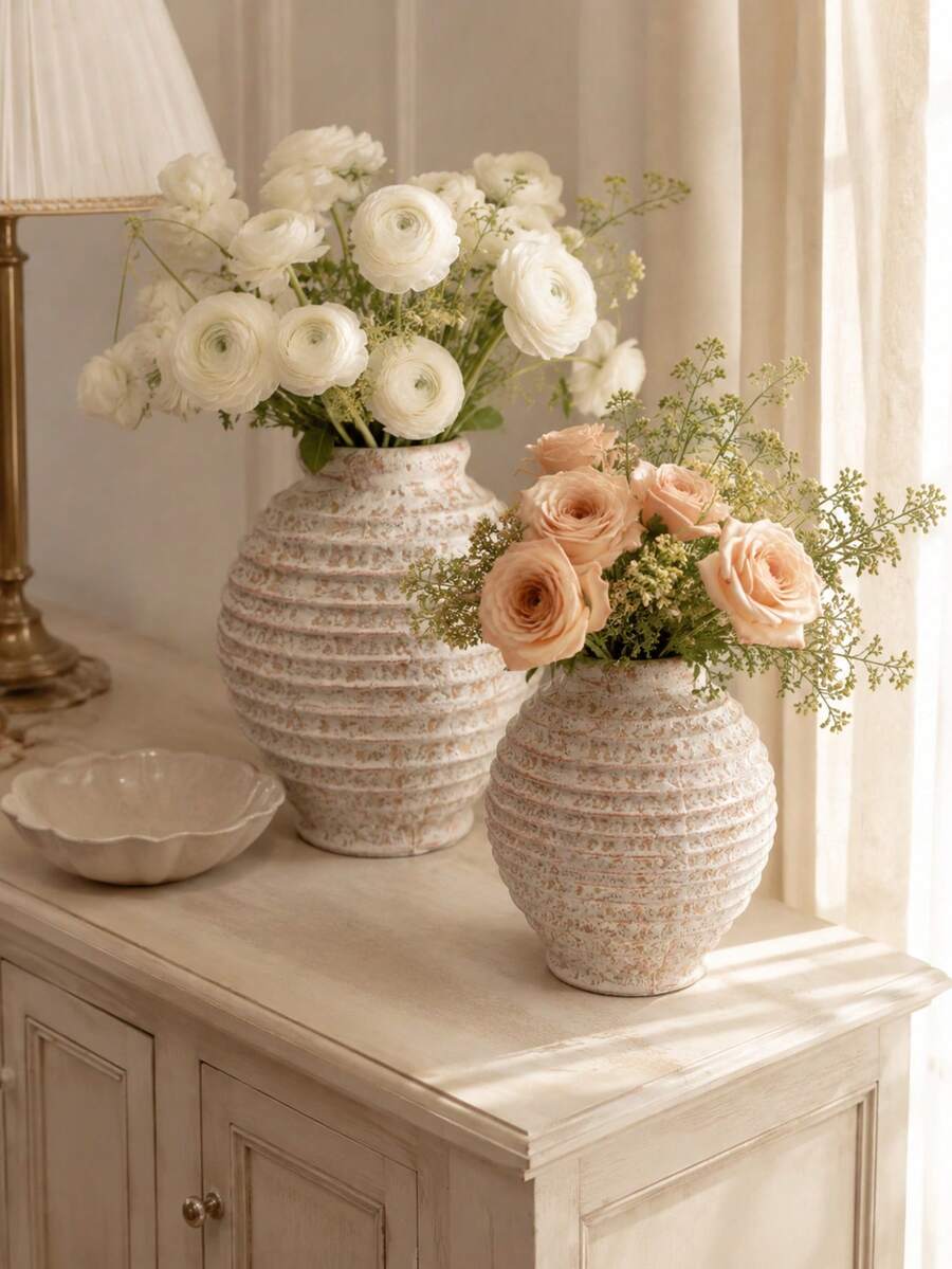 Large Rustic Style Vase, Single Piece Distressed White Resin Vase, Vintage Textured Finish, Tulip, Peony And Greenery Decorative Centerpiece, Suitable For Living Room, Dining Room And Entryway Decor - New - View 1