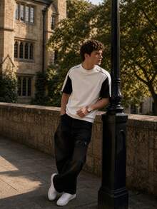 Men's Summer Contrast Color Raglan T-Shirt, Black And White Color Block Patchwork With Dropped Shoulder Design, Street Style Short Sleeve T-Shirt - White - View 2